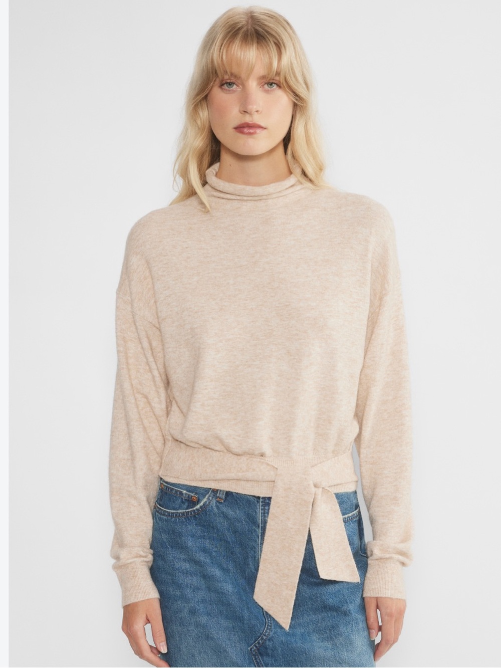 Aritzia Wilfred Lorin Cream Sweater Alpaca Wool Tie Funnel neck XL Cozy Preppy